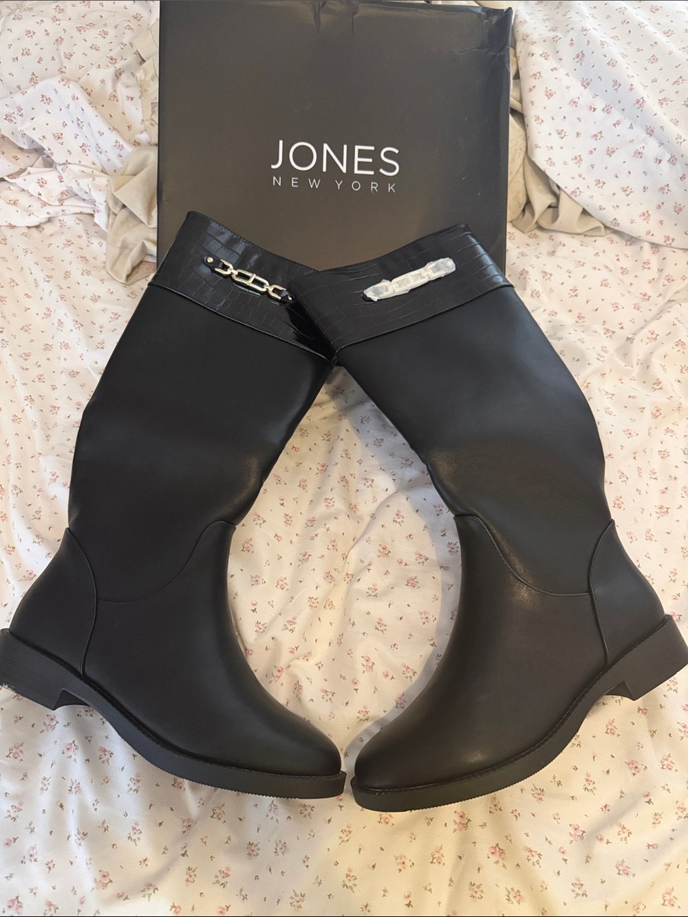 Jones New York Black Faux Leather Over-the-Knee Boots with Chain Accent